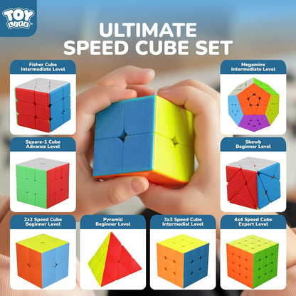 Speed Cube Set 8 Pack Magic Cube | Includes 3X3, 2X2, 4X4 Speed Cube, Pyramid Cube, Megaminx Cube Bundle Collection Cube Toys for Kids & Adults
